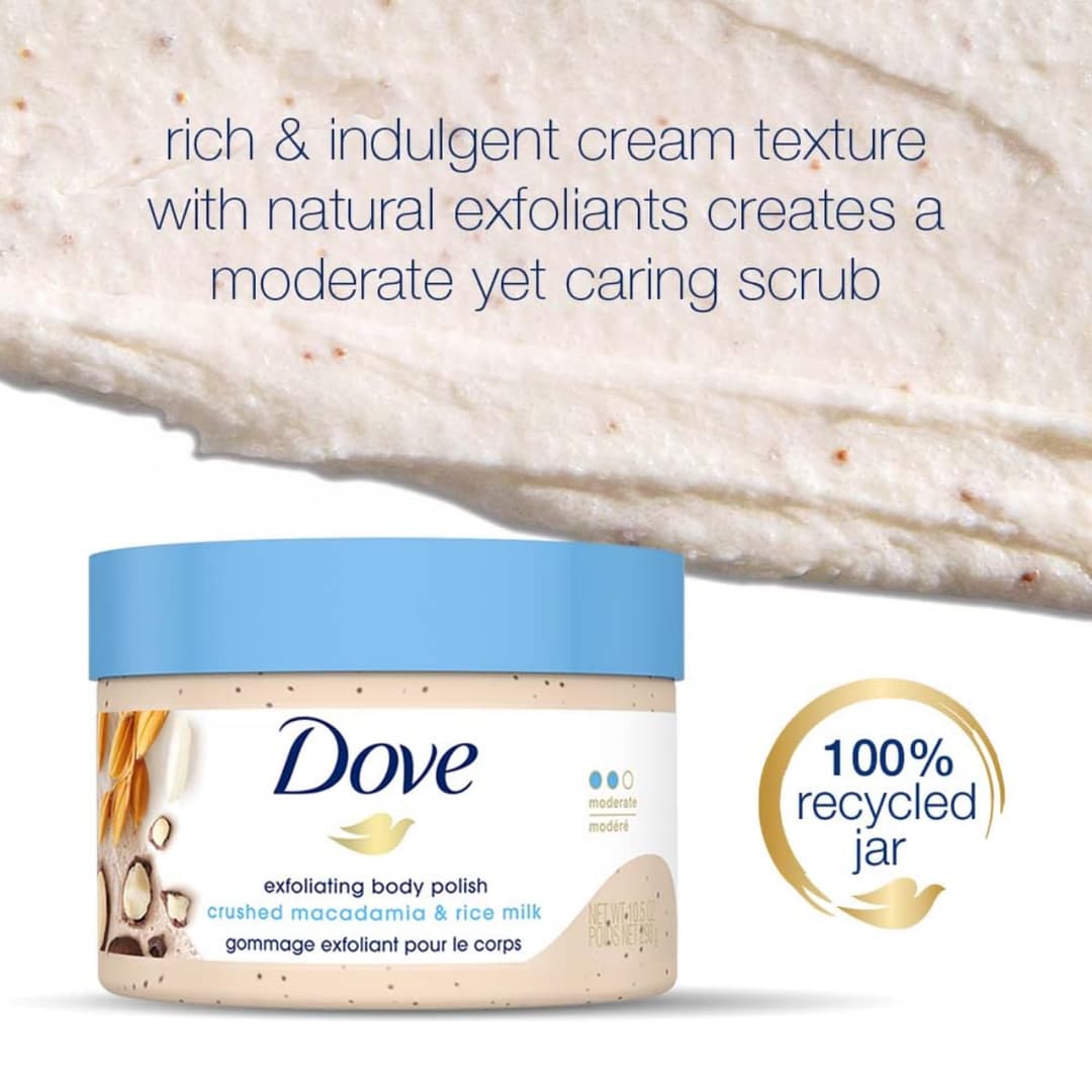 Dove Exfoliating Body Polish| Body Scrub |Deeply Nourishing Crushed Macadamia and Rice Milk |Moisturises & Brightens Skin | Sulphate Free|298gm 4