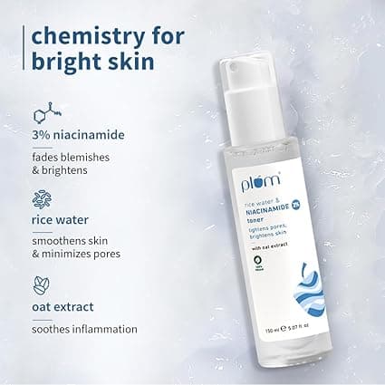 Plum Niacinamide Skincare Combo – 3% Toner (150ml) + 2% Moisturizer (50gm) + Free Rice Water Face Wash | Fades Blemishes, Brightens Skin & Oil-Free Hydration | For All Skin Types, Women & Men 3