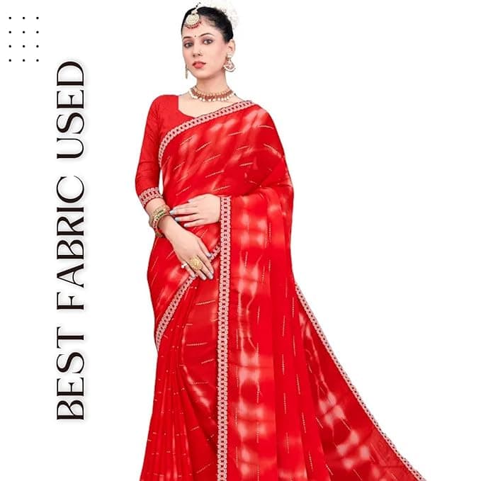  Women's Tie-Dye Chiffon Saree In Red Color With Unstitched Blouse - Suitable For All Indian Occasions and Festivals 1
