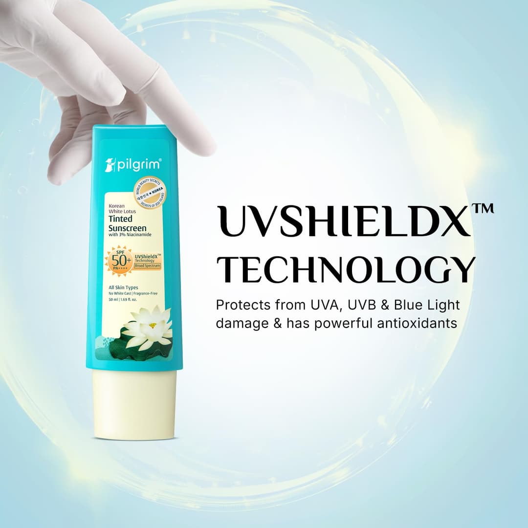 Pilgrim Korean White Lotus Tinted Sunscreen SPF 50+ PA++++ with 3% Niacinamide | No White Cast |Prevents Tanning | Lightweight | For All Skin Types | For Women and Men | 50ml 1