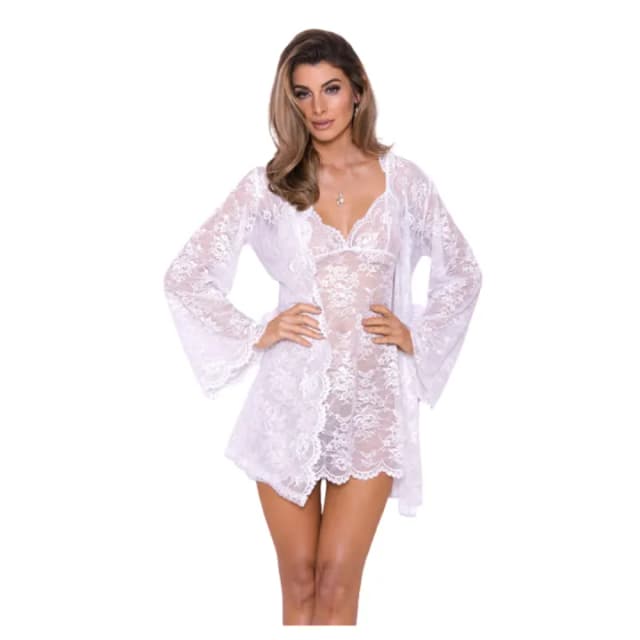 Women Kimono Robe Neck Nightwear for Women with Lace Design With belt and G String panty Free Size White Color