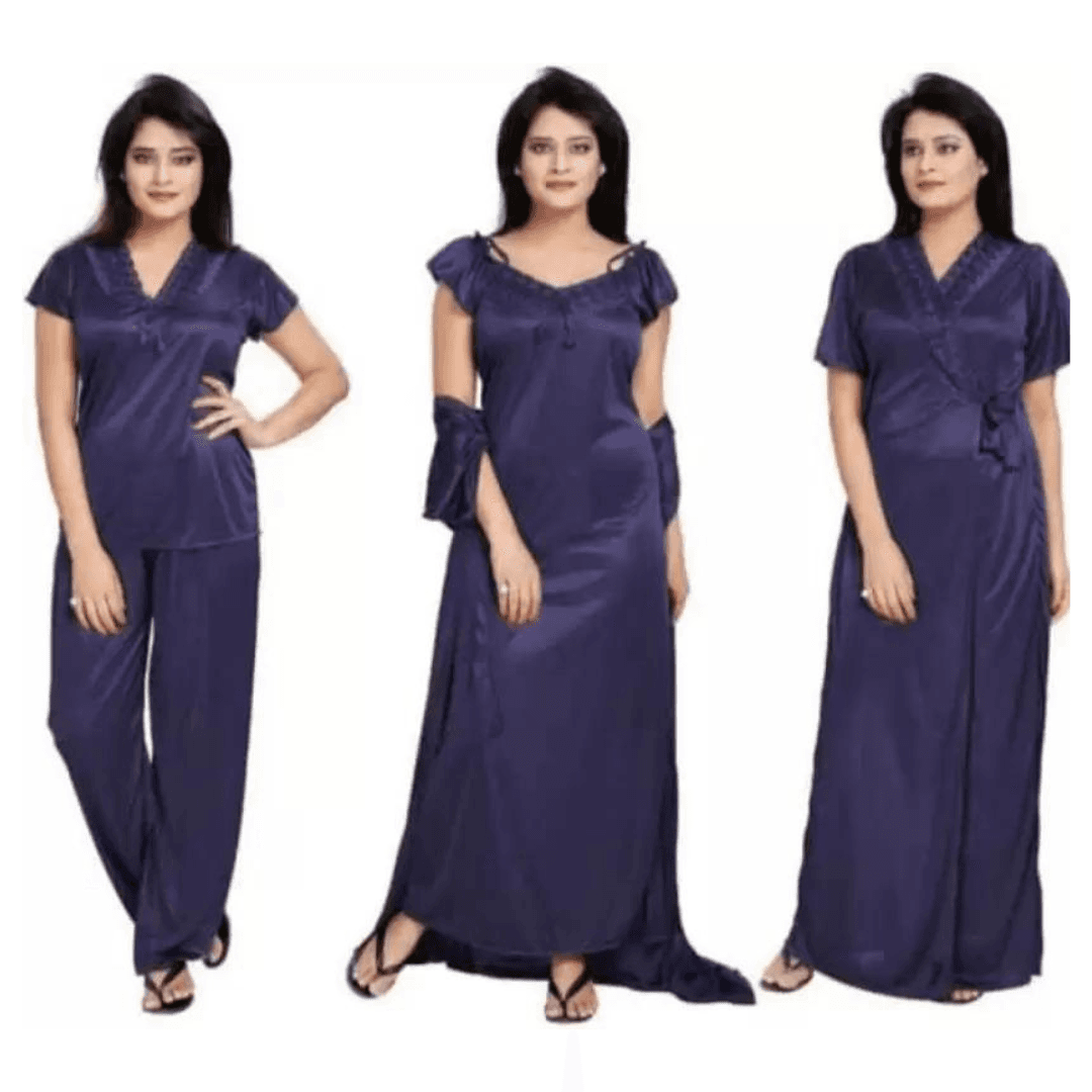 Silk Bridal Nightgown Set Stylish Fancy Bridal Nighty Set For Women Free Size ( Navy Blue)