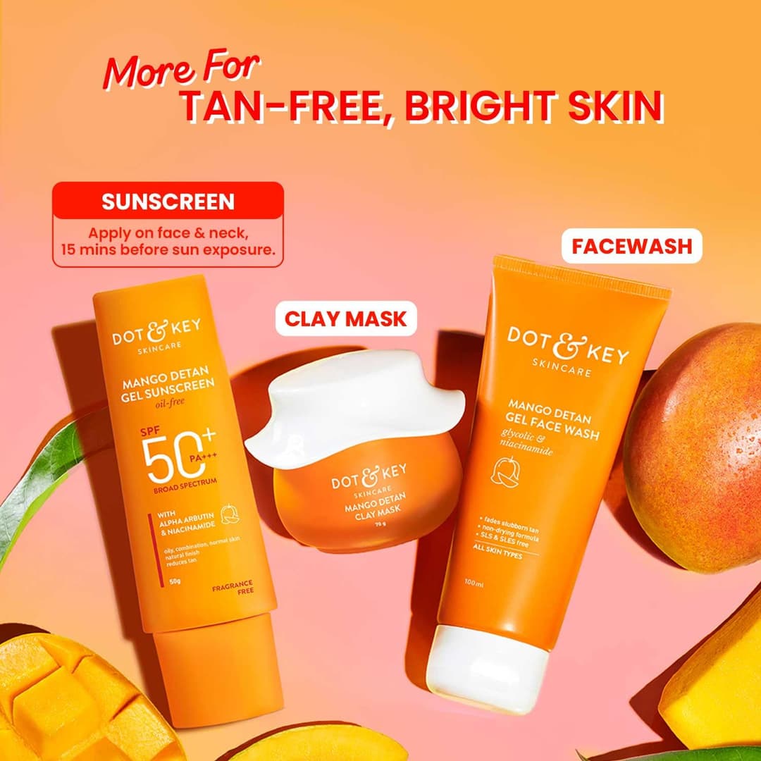 Dot & Key Mango Detan Gel Sunscreen SPF 50+ PA+++ 50g | Oil-Free, With Alpha-Arbutin & Niacinamide | Controls Tanning, Brightens Skin, Ultra-light | Fades Dark Spots, Evens Tone, Water Resistant | All Skin Types 1