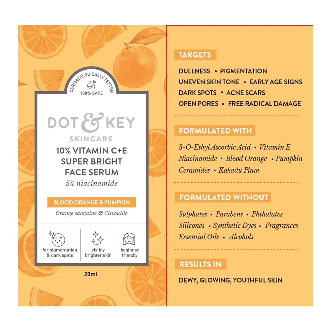 Dot & Key 10% Vitamin C + E, 5% Niacinamide Serum | Vitamin C Serum For Glowing Skin | Fades Dark Spots | Vit C with Blood Orange & Pumpkin | For Uneven & Dull Skin | For All Skin Types | 20ml 5