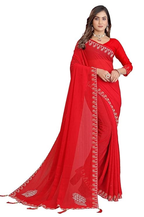  Embroidered, Embellished Bollywood Georgette Designer Saree With Unsticted Blouse Piece For Women. 2