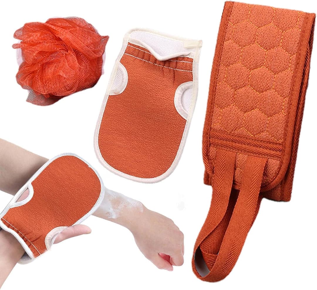 3-in-1 Exfoliating Bath Set – Back Scrubber, Bath Glove Mitt, and Shower Loofah Ball" 1