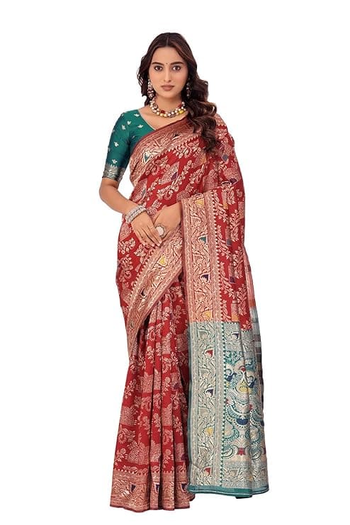 Banarasi Art Silk Kanjivaram Saree for Women with Contrast Matching Blouse Piece 