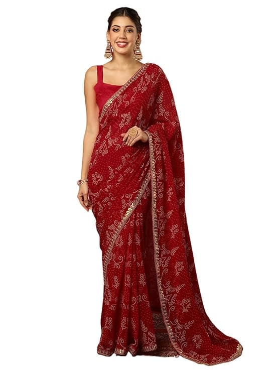 Women's Georgette Bandhani Printed Sequin Lace Work Saree with Unstitched Blouse Piece