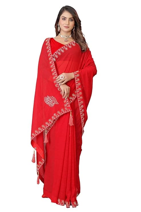  Embroidered, Embellished Bollywood Georgette Designer Saree With Unsticted Blouse Piece For Women. 1