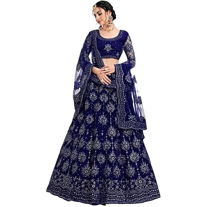 Women's Semi Stitched Net Lehenga Choli with Embroidered Pattern Unstitched Blouse Piece and Dupatta Set | Women's Lehenga Cholis