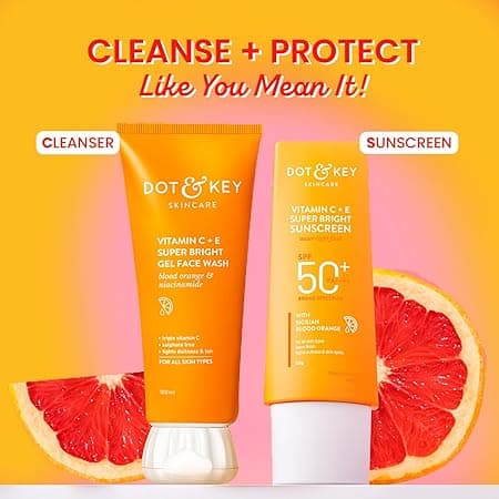 Dot & Key Vitamin C+E Super Bright Sunscreen Spf 50 Pa+++ - 50g & Dot & Key Vitamin C + E Super Bright Gel Face Wash | For Normal Skin | Skin Care Combo | For Women & Men
