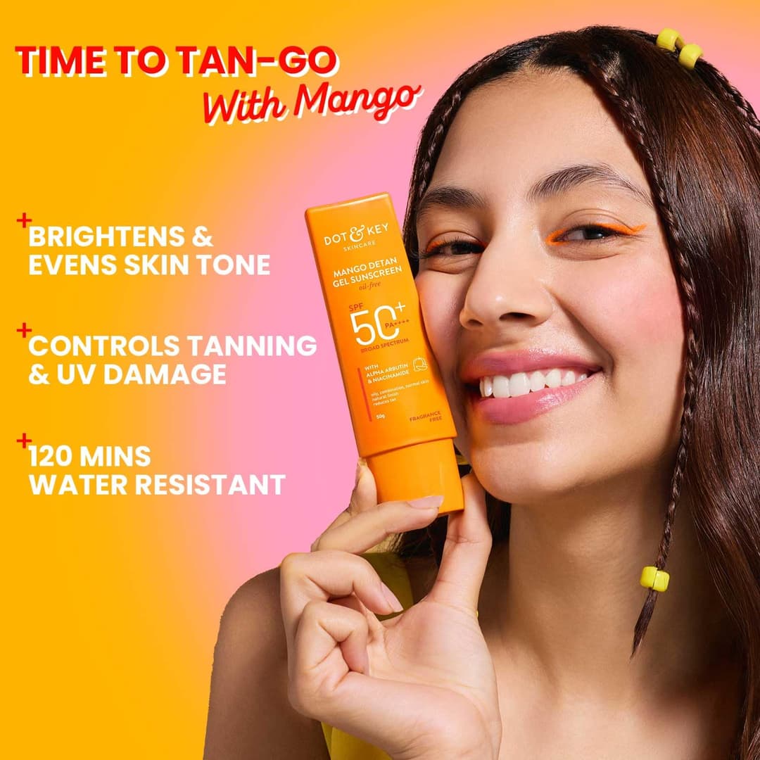 Dot & Key Mango Detan Gel Sunscreen SPF 50+ PA+++ 50g | Oil-Free, With Alpha-Arbutin & Niacinamide | Controls Tanning, Brightens Skin, Ultra-light | Fades Dark Spots, Evens Tone, Water Resistant | All Skin Types 2