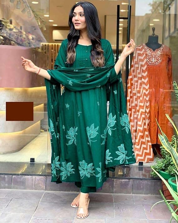  Women's Cotton Embroidery Floral Printed Long Straight Kurti with Pant and Dupatta Set 1