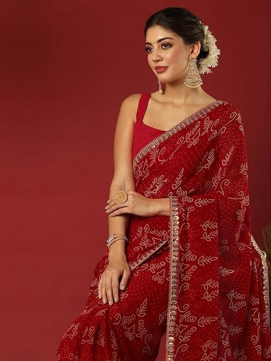 Women's Georgette Bandhani Printed Sequin Lace Work Saree with Unstitched Blouse Piece 3