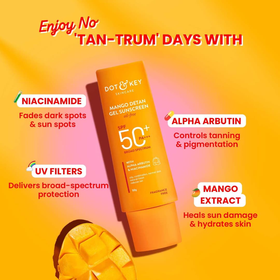 Dot & Key Mango Detan Gel Sunscreen SPF 50+ PA+++ 50g | Oil-Free, With Alpha-Arbutin & Niacinamide | Controls Tanning, Brightens Skin, Ultra-light | Fades Dark Spots, Evens Tone, Water Resistant | All Skin Types 3