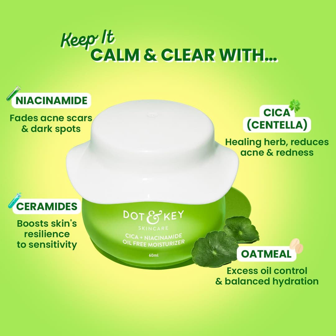 Dot & Key Niacinamide & Cica(Centella)Oil-Free Face Moisturizer for Calm,Acne Free Hydrated Skin|Fades Acne Scar & Dark Spots,Soothes Redness & Irritation|For Oily,Acne Prone & Sensitive Skin|60ml Jar 1