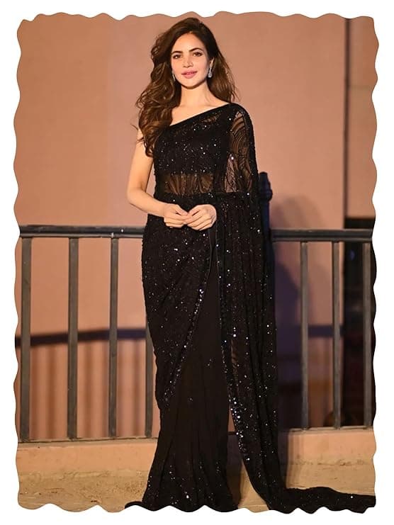 Womens Heavy Georgette Sequence Work Saree With Unstitched Blouse Piece