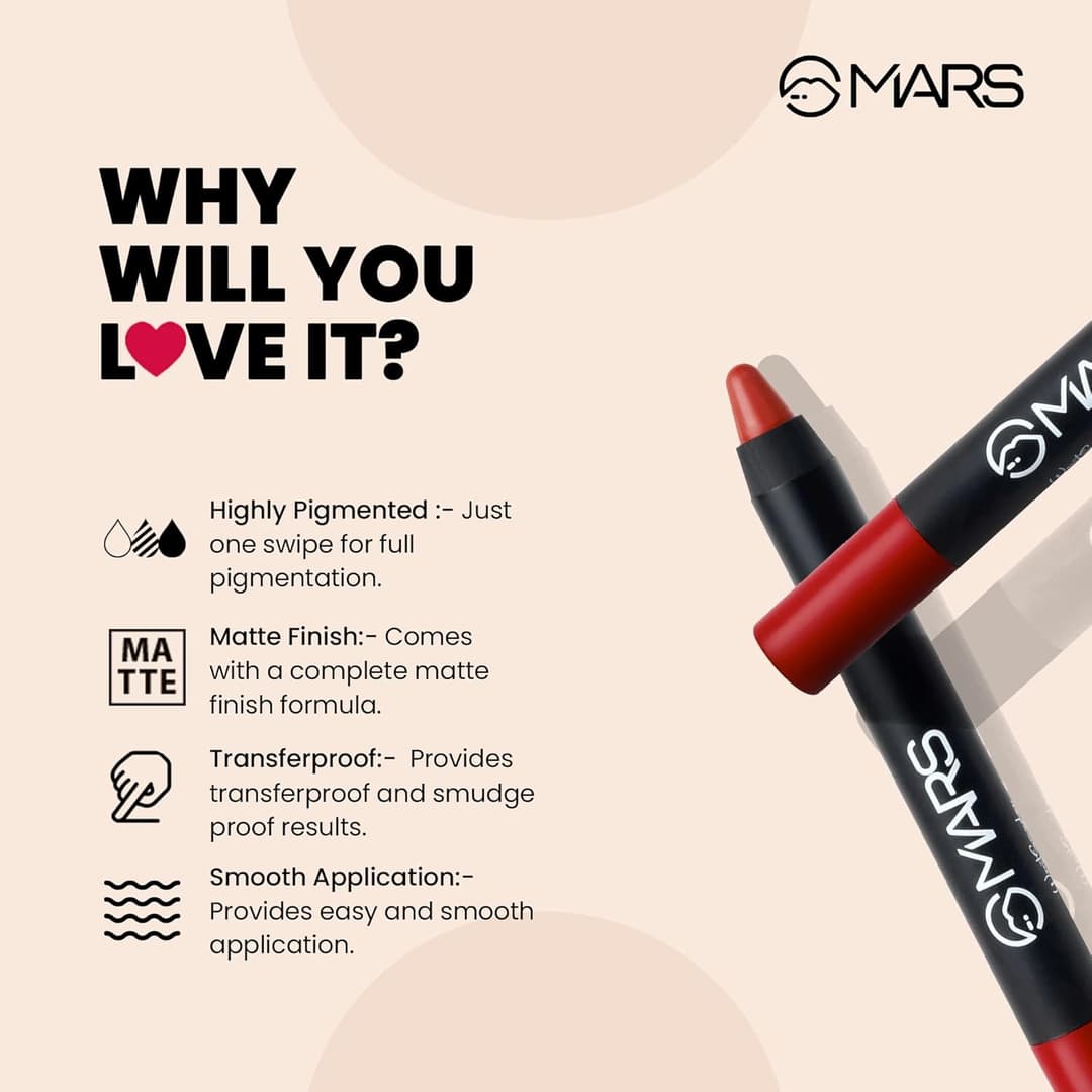 MARS Long Lasting Crayon Lipstick up to 12 Hours Stay | Matte Finish | Waterproof | Won't Smudge Won't Budge Lip Crayon (3.5 gm) 3