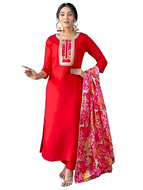  Women's Rayon Embroidered Straight Kurta with Pant and Dupatta