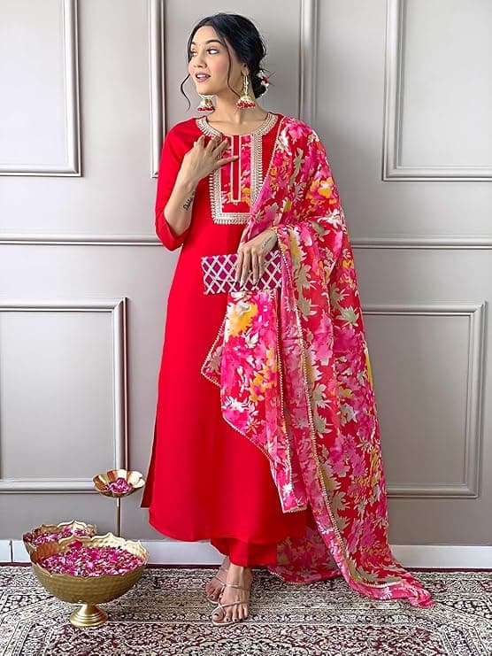  Women's Rayon Embroidered Straight Kurta with Pant and Dupatta 1