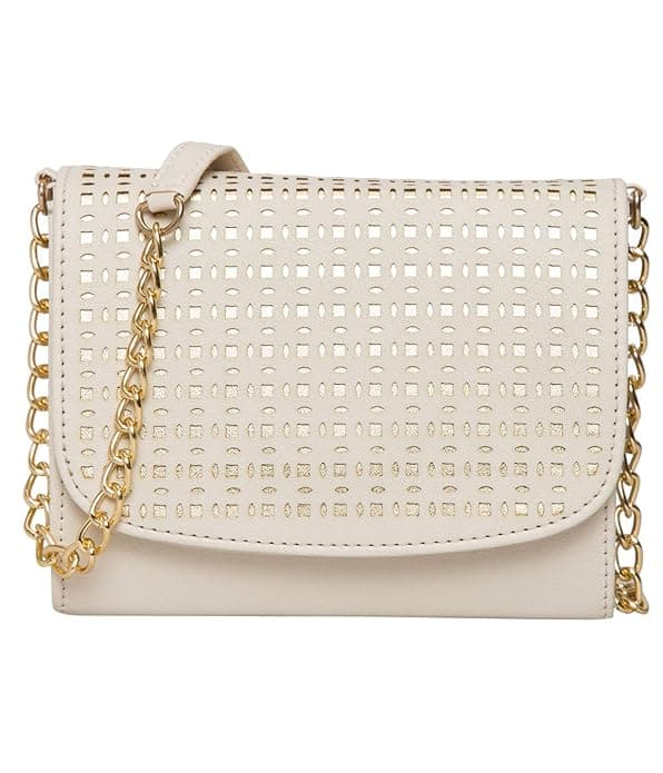 women girls laser cut crossbody sling bag with gold chain