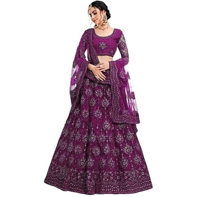 Women's Semi Stitched Net Lehenga Choli with Embroidered Pattern Unstitched Blouse Piece and Dupatta Set | Women's Lehenga Cholis