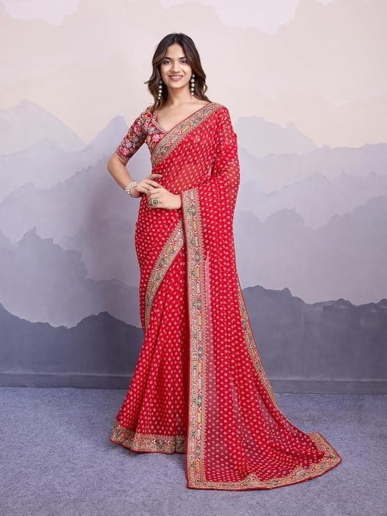 Women Georgette Pink Geometric Pattern Printed Embroidery Saree with Unstitched Blouse