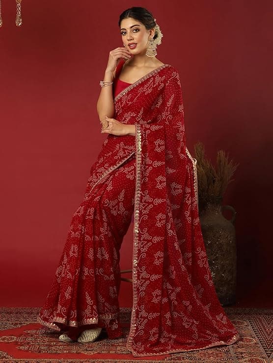 Women's Georgette Bandhani Printed Sequin Lace Work Saree with Unstitched Blouse Piece 1