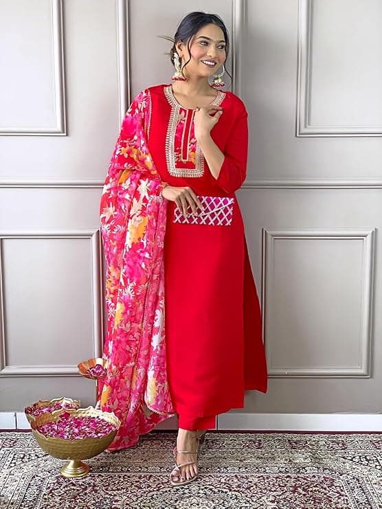  Women's Rayon Embroidered Straight Kurta with Pant and Dupatta 3