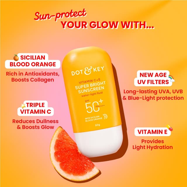 Dot & Key Vitamin C + E Super Bright Sunscreen In-Vivo Tested SPF 50+ PA++++ With New-Age UV Filters, Water-Light Fluid, Boosts Glow, Reduces Dullness & Dark Spots, Checks Tanning, No White Cast| 50G,Pack Of 1