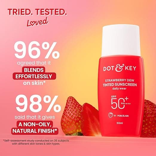 Dot & Key Strawberry Dew Tinted Sunscreen In-Vivo Tested SPF 50+ PA++++ With New-Age UV Filters, Brightens & Protects Skin, Ultra-light, Blends Easily, With Niacinamide, Natural Finish, Non-Sticky| 50ml