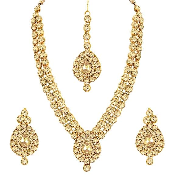 Peora American Diamond Gold Plated Jewellery Set with Maang Tikka for Women