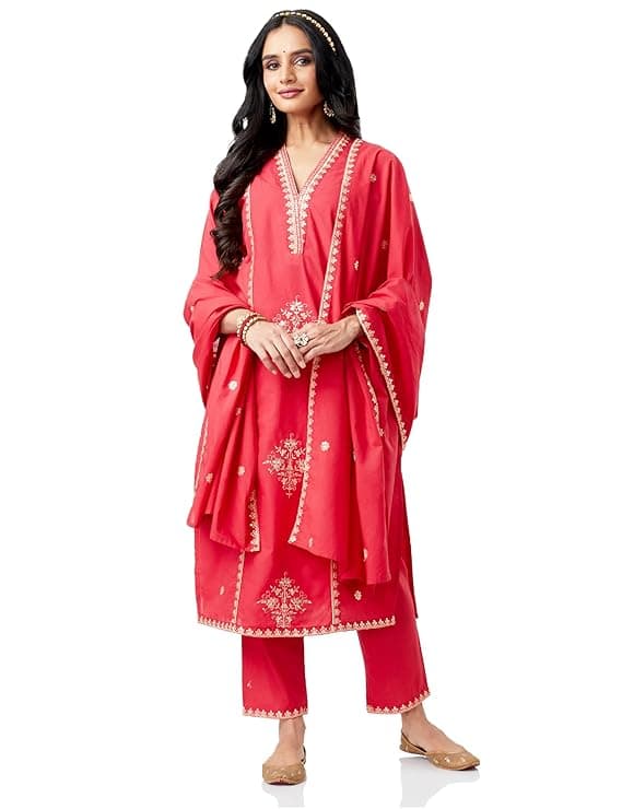 Myx Women's Embroidered Cotton Kurta Pant Set with Dupatta