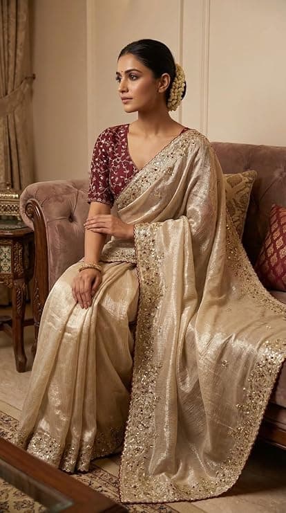 Shivshakti Collection Designer Fandy Satin Saree for Women with Sequence Work | Cutwork Border Saree with Contrast Embroidered Full Stitch Blouse 2