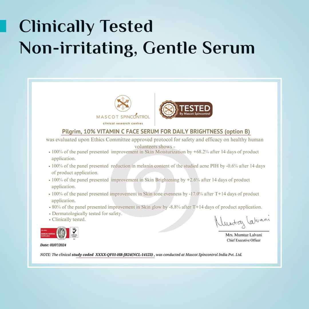 Pilgrim 10% Vitamin C Face Serum For Daily Brightness 10 ml | Face serum for glowing skin | Reduces Dark Spots & Evens Skin Tone | For Oily, Combination, Normal Skin Types | Fragrance Free | For Men and Women 6