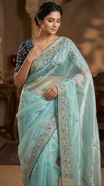 Shivshakti Collection, Designer Fandy Satin Saree for Women with Sequence Work | Cutwork Border Saree with Contrast Embroidered Full Stitch Blouse 1