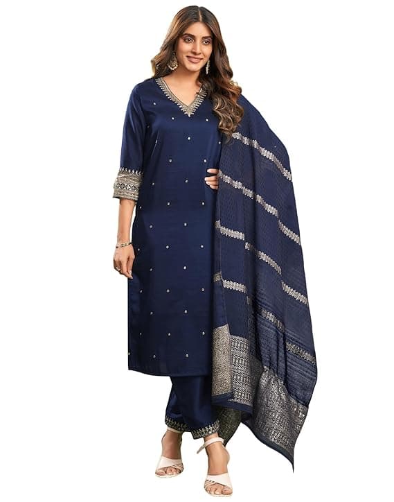  Women's Rayon Viscose Sequence Embroidered Straight Kurta Pant with Dupatta Set
