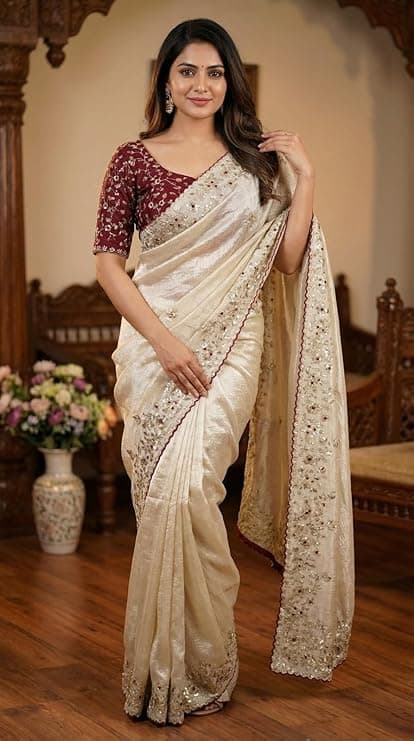 Shivshakti Collection Designer Fandy Satin Saree for Women with Sequence Work | Cutwork Border Saree with Contrast Embroidered Full Stitch Blouse 1