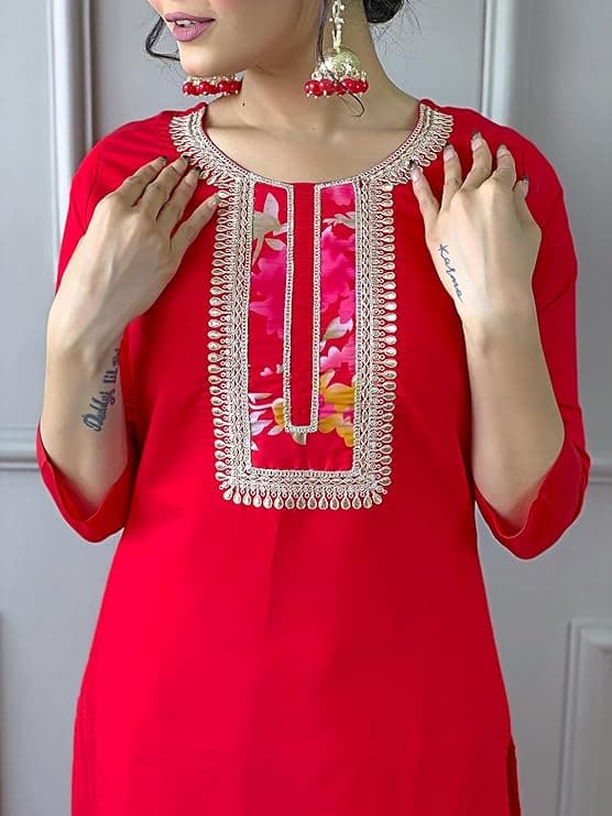  Women's Rayon Embroidered Straight Kurta with Pant and Dupatta 2
