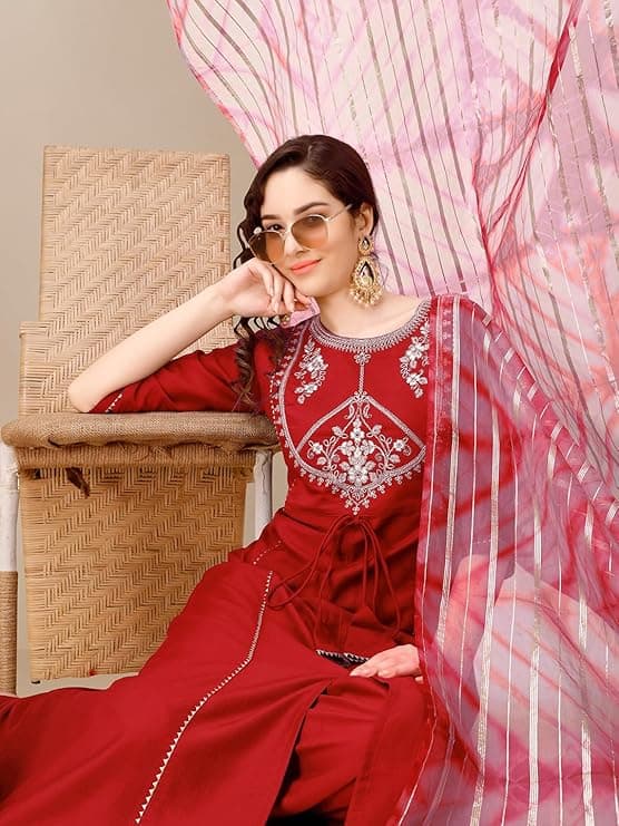 Women's Cotton Silk Embroidered A-line Front Slit Kurta Palazzo & Organza Dupatta Set 1