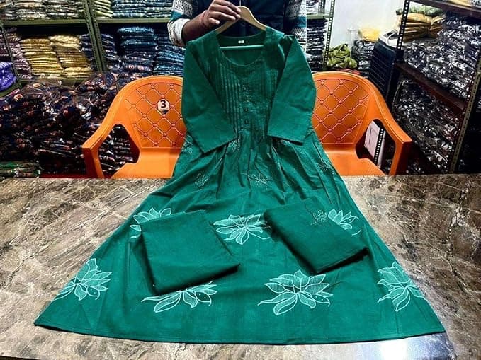  Women's Cotton Embroidery Floral Printed Long Straight Kurti with Pant and Dupatta Set 2