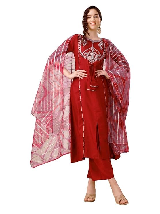 Women's Cotton Silk Embroidered A-line Front Slit Kurta Palazzo & Organza Dupatta Set