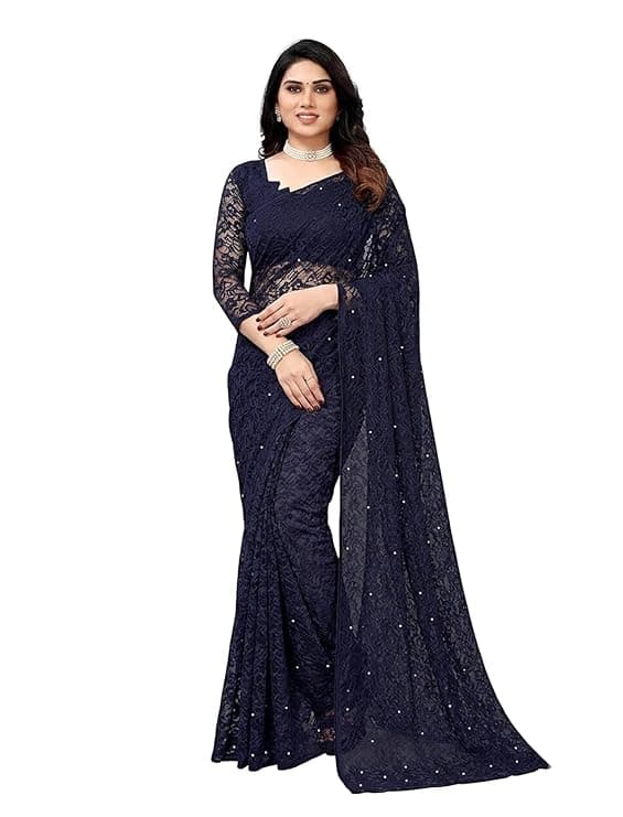 Awafu Women's Solid Net Saree with Pearl and Lace Work | Unstitched Blouse Piece Included | Elegant Rasel Net Fabric | Lightweight Saree for Festive | 5.40M Saree + 0.70M Blouse Fabric 6