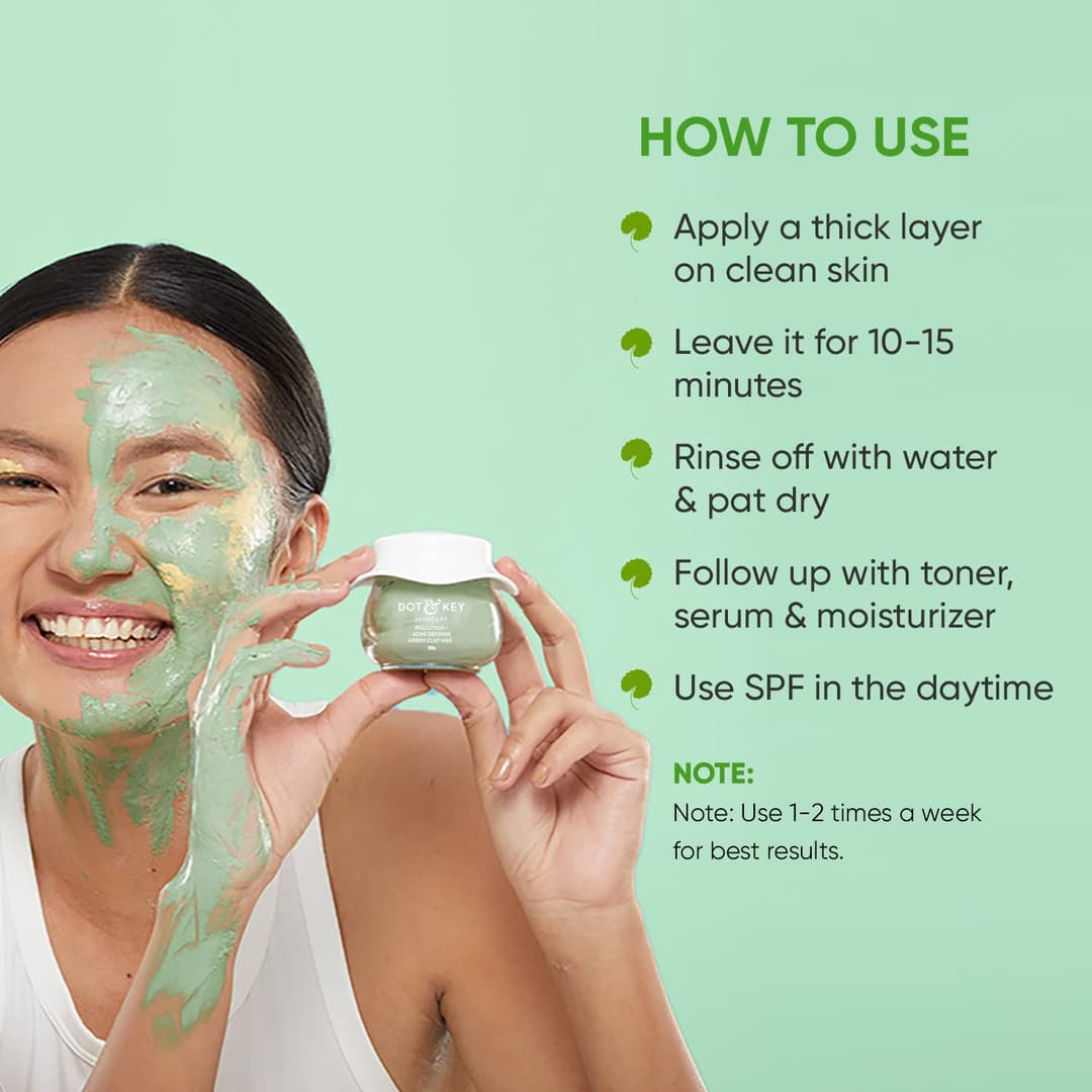 Dot & Key Skin Care Pollution + Acne Defense Green Clay Mask | Clay Mask for Face with Salicylic & Matcha Tea | Reduces Active Acne, Soothes Redness | For Dark Spots, Oily, Acne Prone Skin | 85g 4