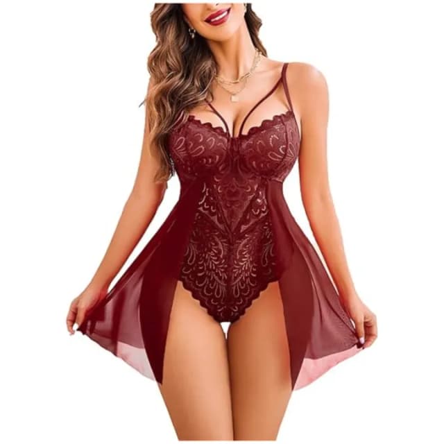 Babydoll Lingerie for Women Floral Snap Crotch Teddy Chemise Nightie Lace Nightgown For Women Free Size Maroon Color