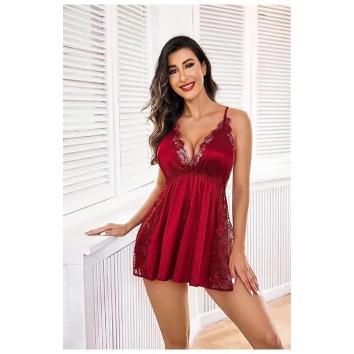 Women Lingerie Nylon Spandex Lace Chemise Nightgown Sexy Side Slit Sleepwear Baby Doll Nightwear Free Size Maroon Color 1