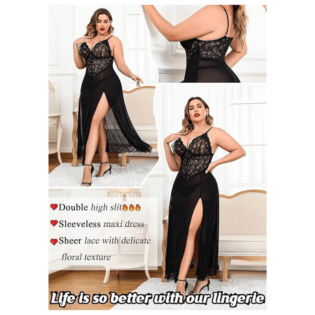 Women Nightdress Maxi Lingerie Lace Babydoll Sleepwear For Honeymoon First Night Bridal Nightdress Free Size Black Color 4