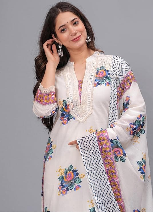 Women's Pure Cotton Printed Straight Kurta Set with Palazzo Pants & Dupatta- Ethnic Wear, White 3
