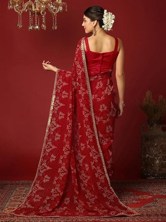 Women's Georgette Bandhani Printed Sequin Lace Work Saree with Unstitched Blouse Piece 2