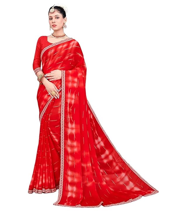  Women's Tie-Dye Chiffon Saree In Red Color With Unstitched Blouse - Suitable For All Indian Occasions and Festivals